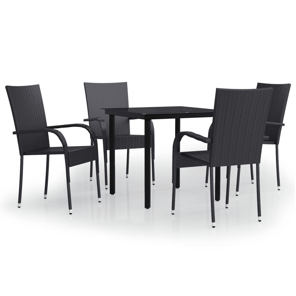 Garden Dining Set Black PE rattan, powder-coated steel, glass