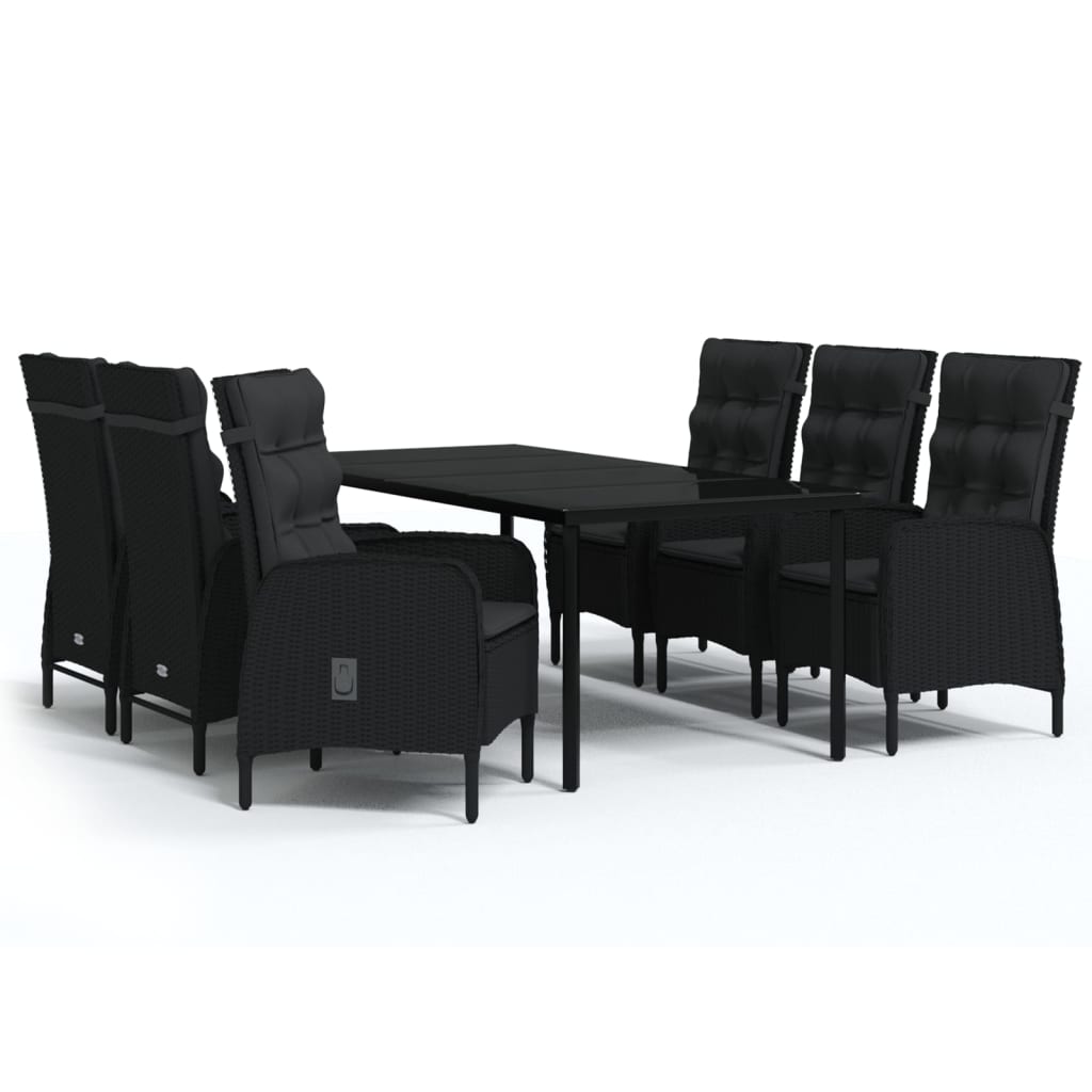Garden Dining Set Black PE rattan, powder-coated steel, glass