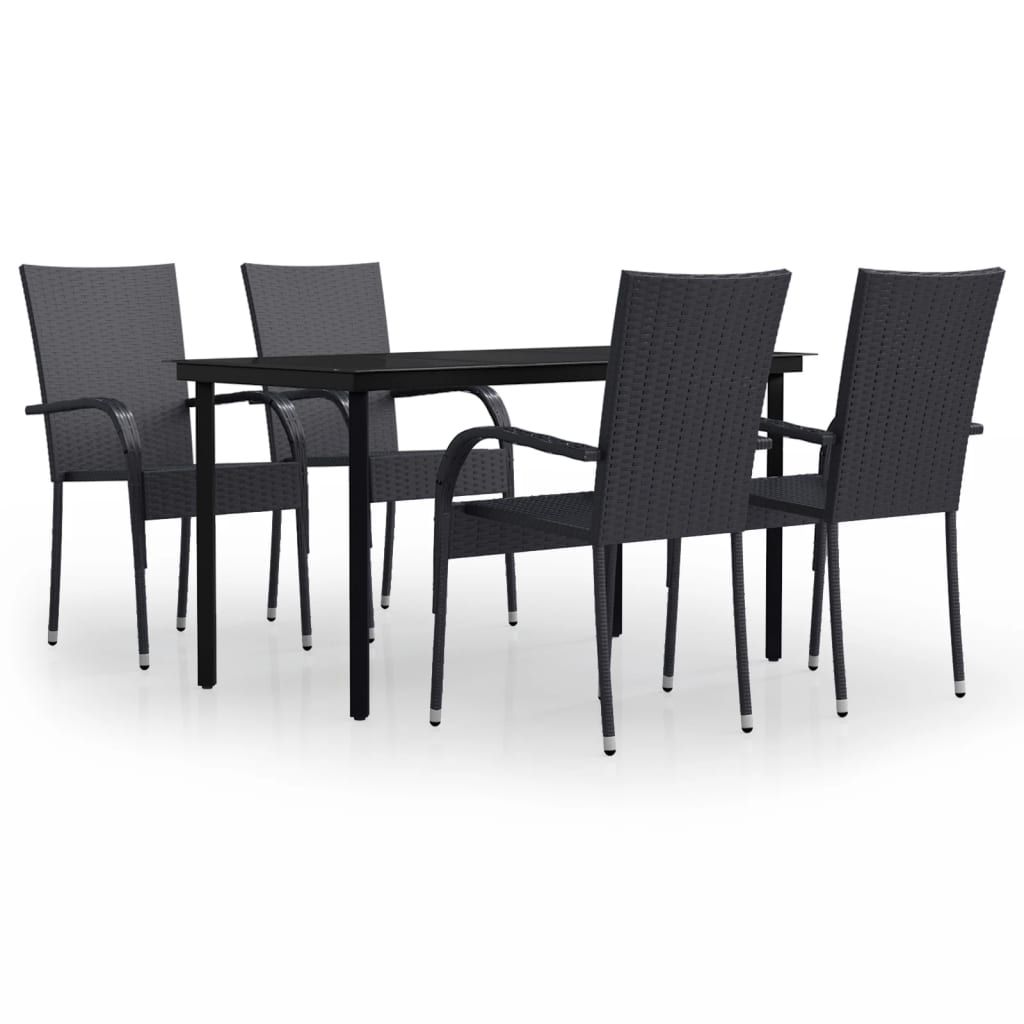 Garden Dining Set Black PE rattan, powder-coated steel, glass