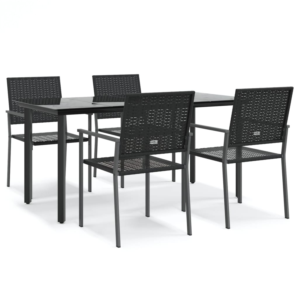 Garden Dining Set Black PE Rattan, Tempered Glass, Steel