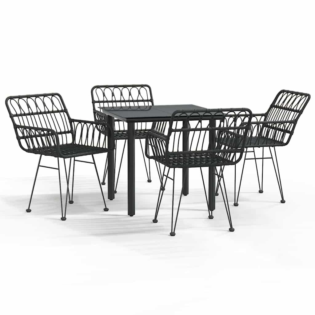 Garden Dining Set Black Poly Rattan, Steel, Tempered Glass