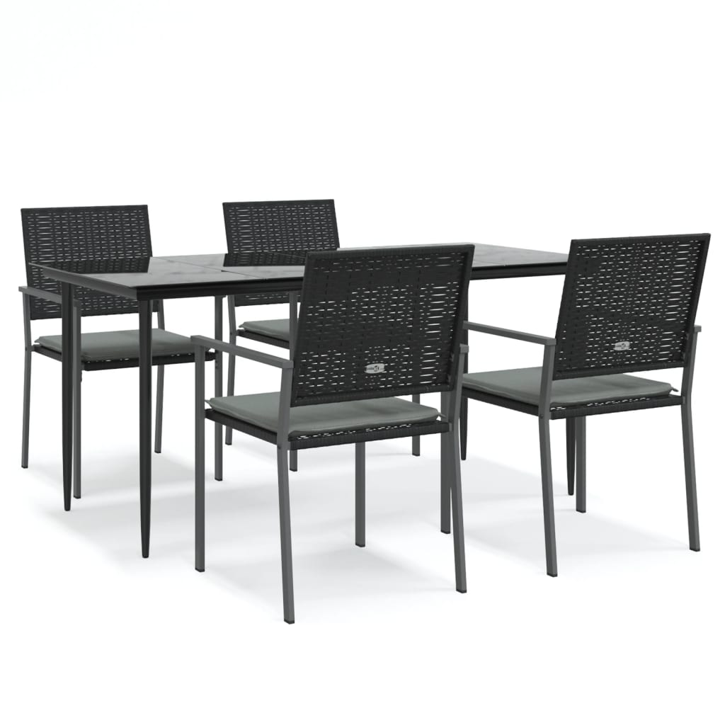 Garden Dining Set Black Poly Rattan, Steel, Tempered Glass