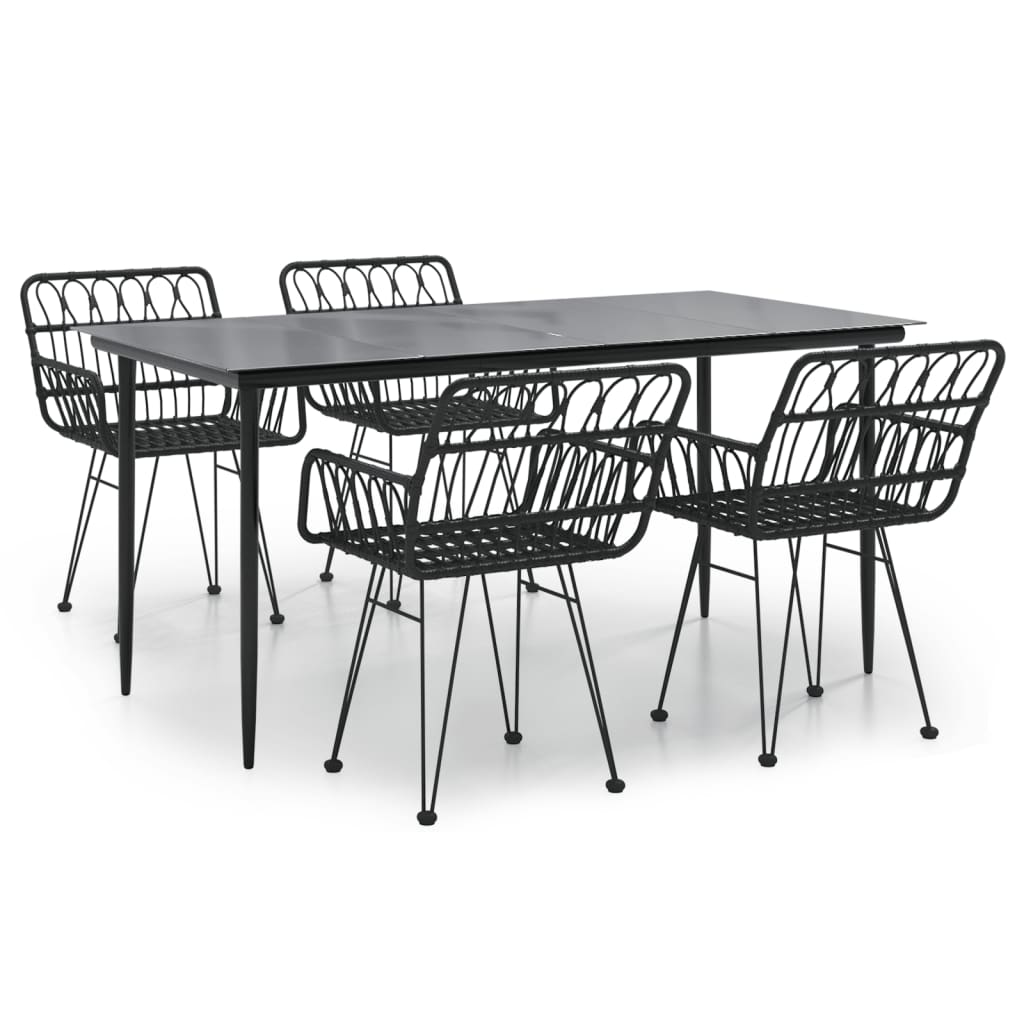Garden Dining Set Black Poly Rattan, Tempered Glass, Steel Medium