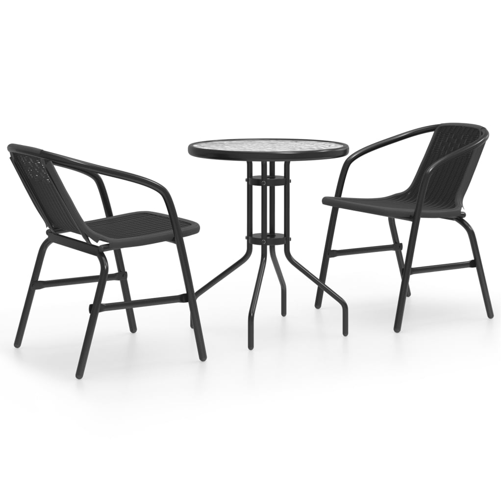 Garden Dining Set Black Steel, Tempered Glass, Plastic Rattan