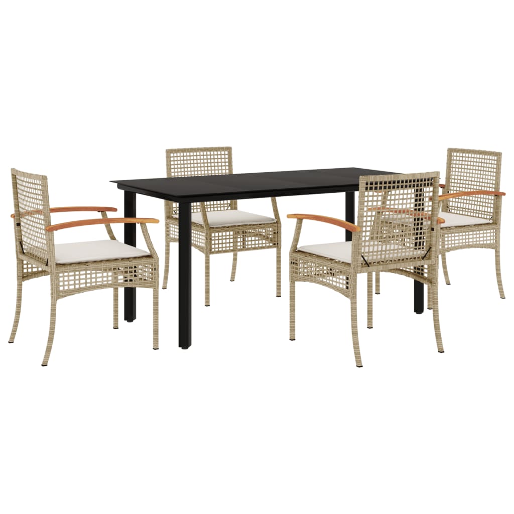 Garden Dining Set Black table, Beige chairs, Cream white cushions