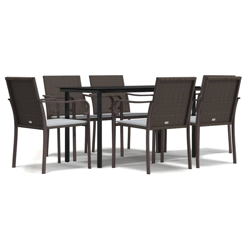 Garden Dining Set Brown chairs, black table, cream white cushions