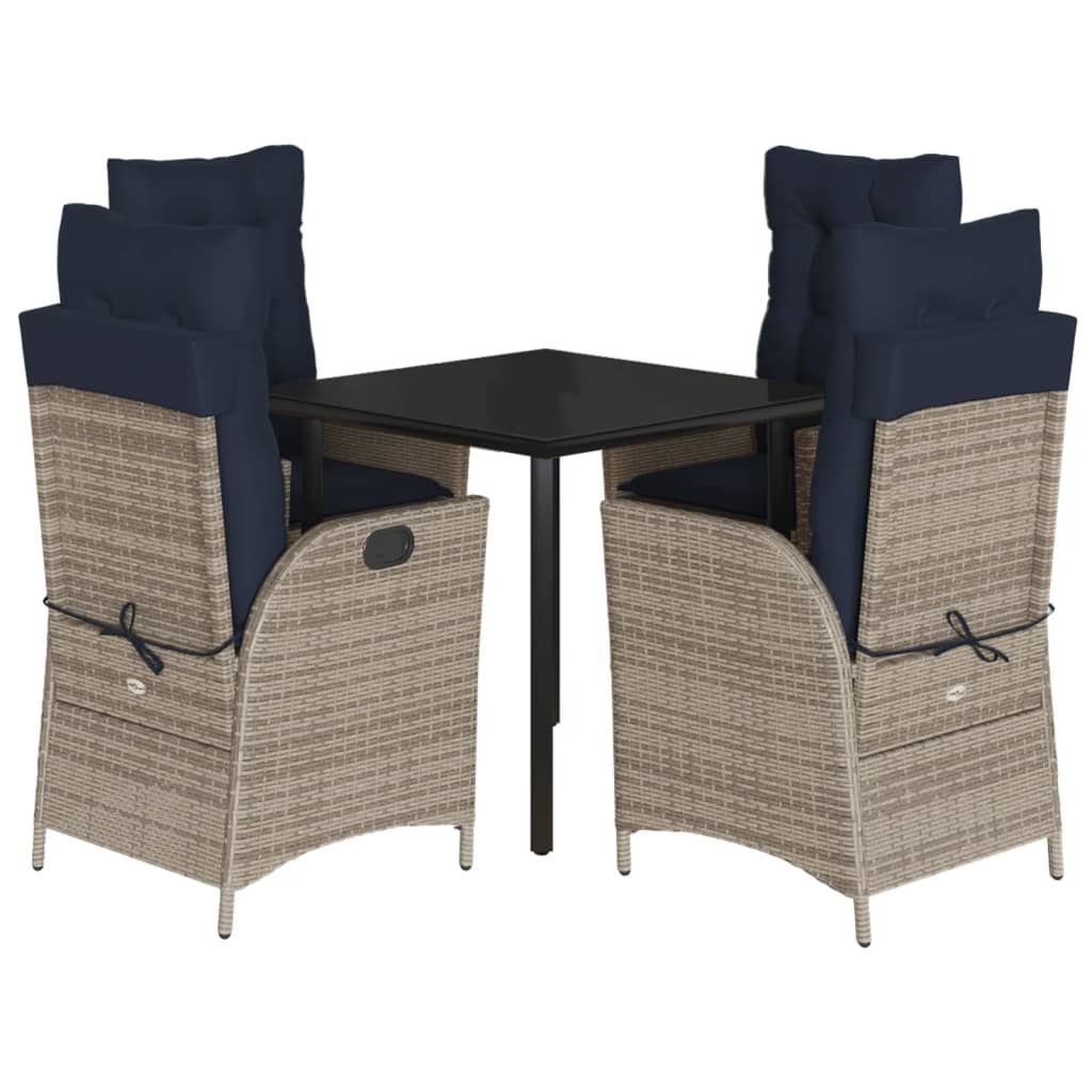 Garden Dining Set Gray chairs with navy blue cushions, black table