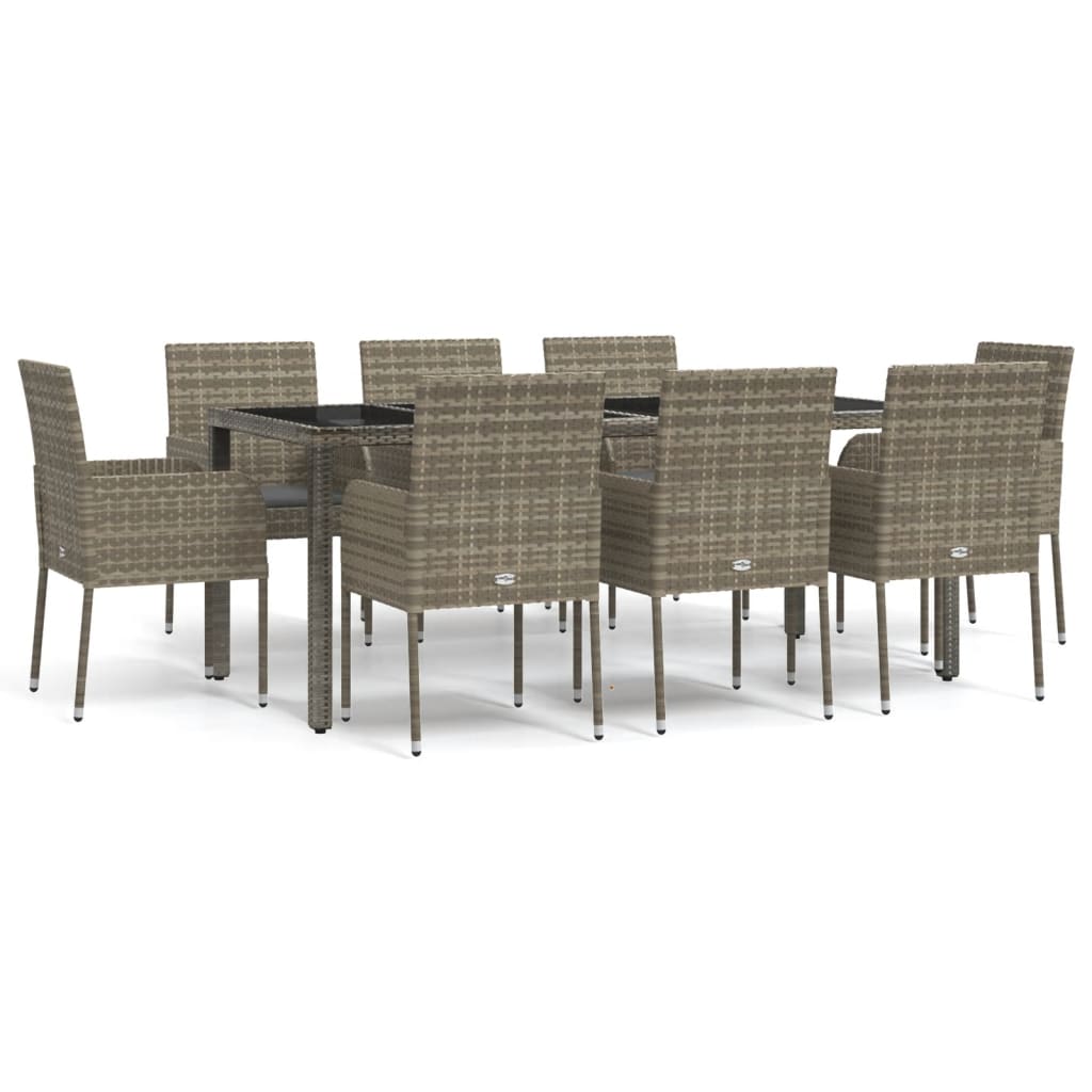 Garden Dining Set Gray PE rattan, powder-coated steel, tempered glass