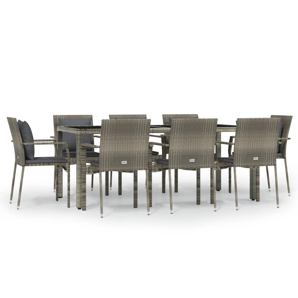 Garden Dining Set Grey PE rattan, Powder-Coated Steel, Tempered Glass