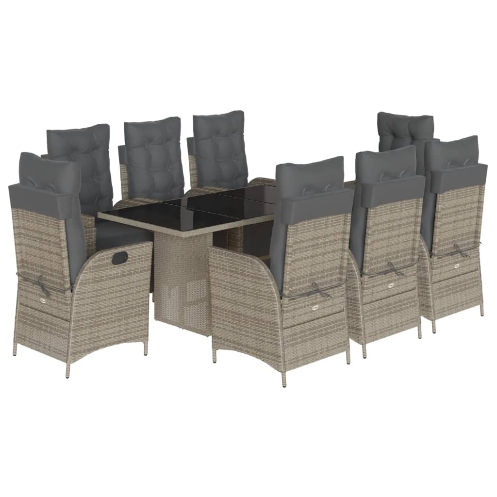 Garden Dining Set Grey PE rattan, Powder-coated steel, Tempered glass