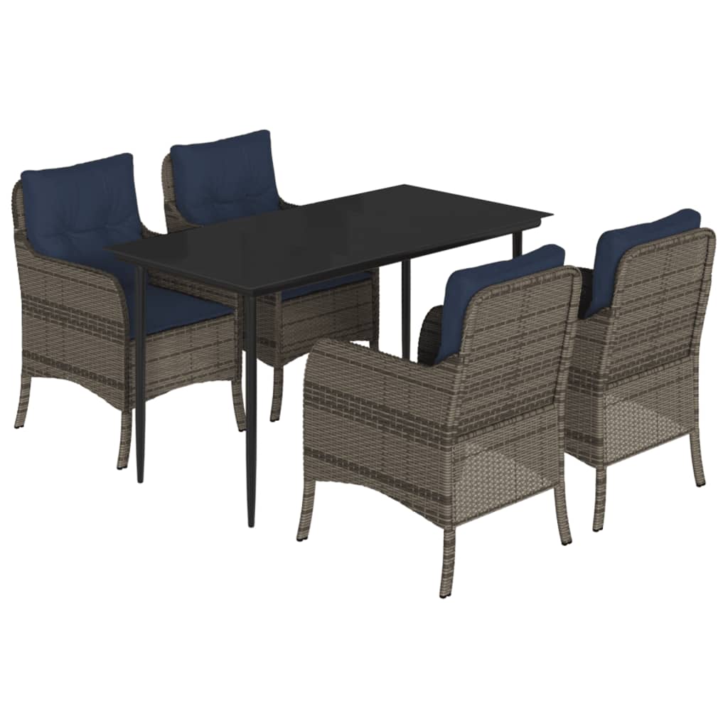 Garden Dining Set Grey PE rattan, Powder-coated steel, Tempered glass