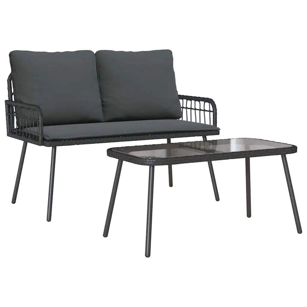 Garden Dining Set with Cushion 2 pcs Black Poly Rattan