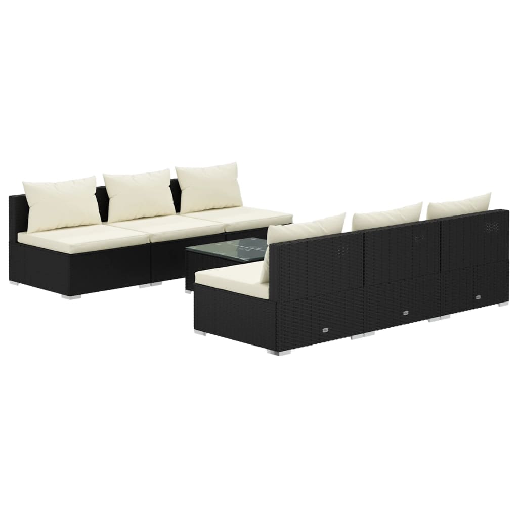Garden Lounge Set Black PE rattan, powder-coated steel, fabric, glass