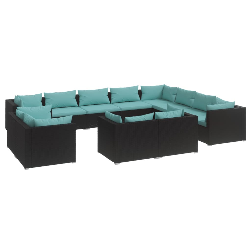 Garden Lounge Set Black Poly Rattan, Water Blue Cushions