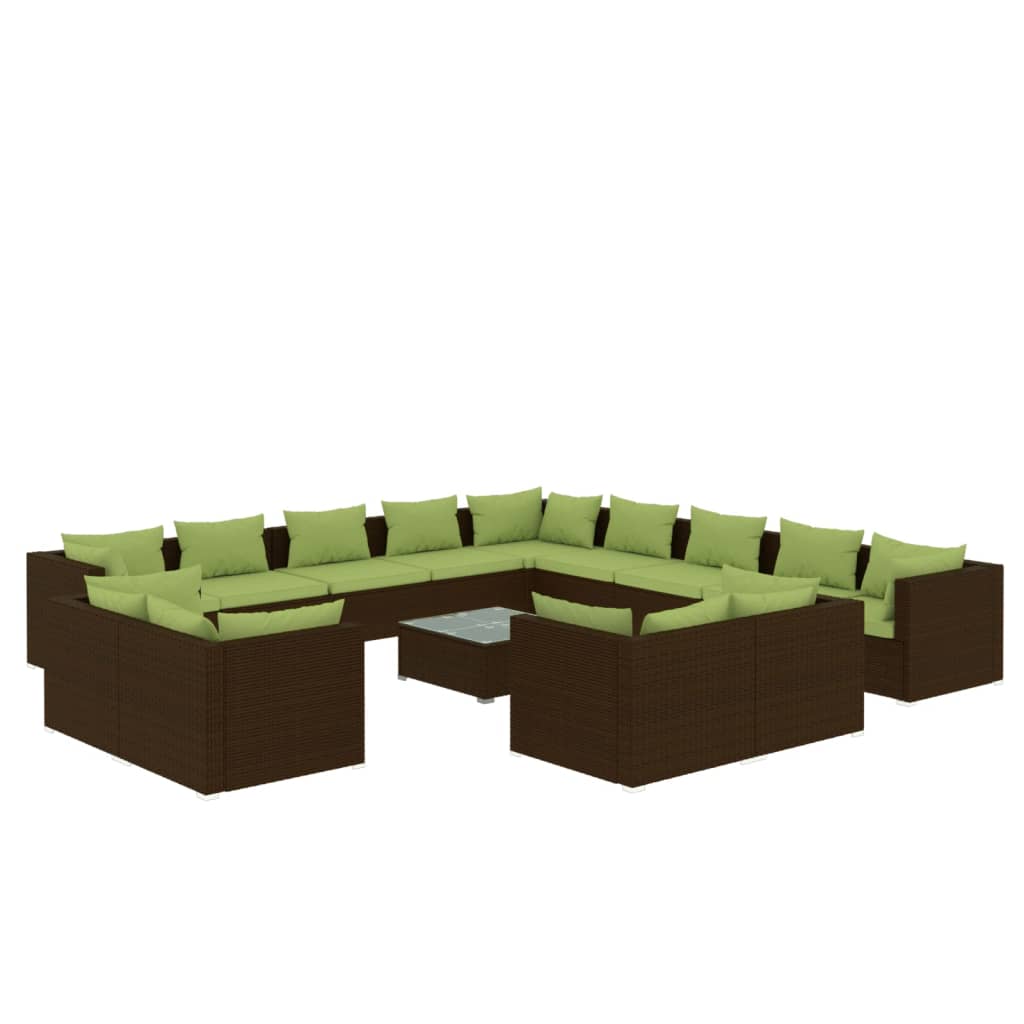Garden Lounge Set Brown, Green PE rattan, powder-coated steel, fabric