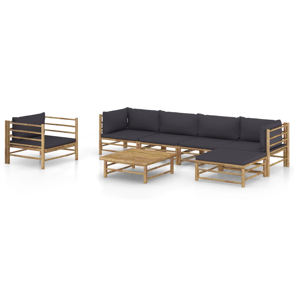 Garden Lounge Set Dark grey cushions, natural bamboo frame