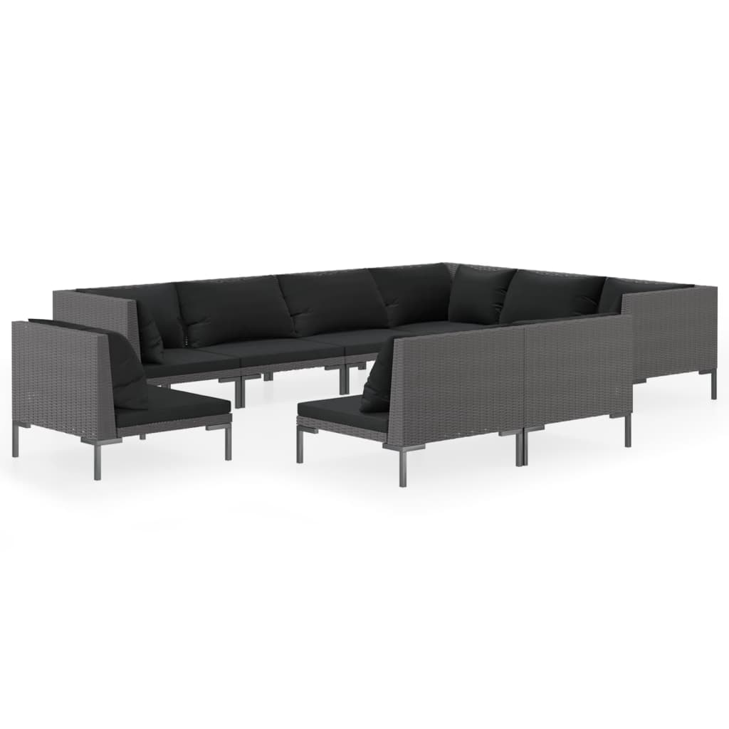 Garden Lounge Set Dark Grey Rattan, Black Cushions