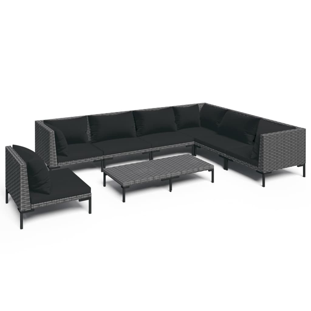 Garden Lounge Set Dark Grey Rattan, Black Cushions