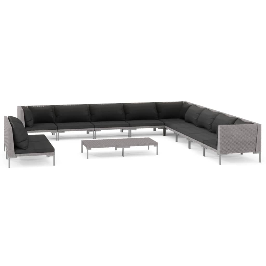 Garden Lounge Set Dark Grey Rattan, Black Cushions