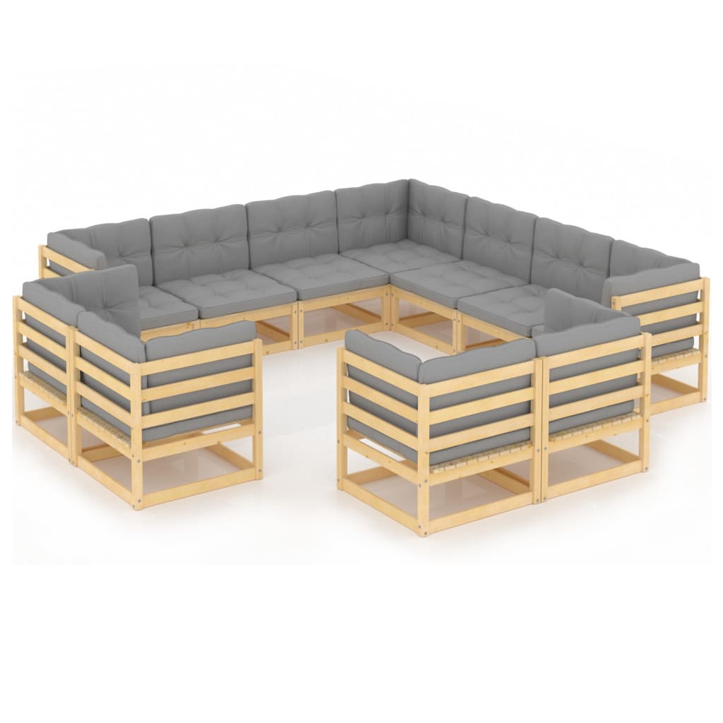 Garden Lounge Set Gray Solid pine wood, Polyester 11 Piece Set
