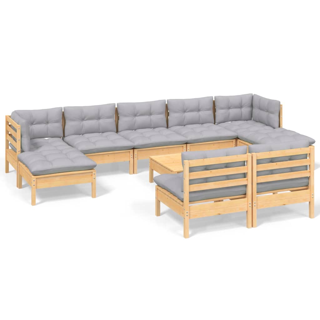 Garden Lounge Set Gray Solid pinewood, 100% polyester 10 Piece Set