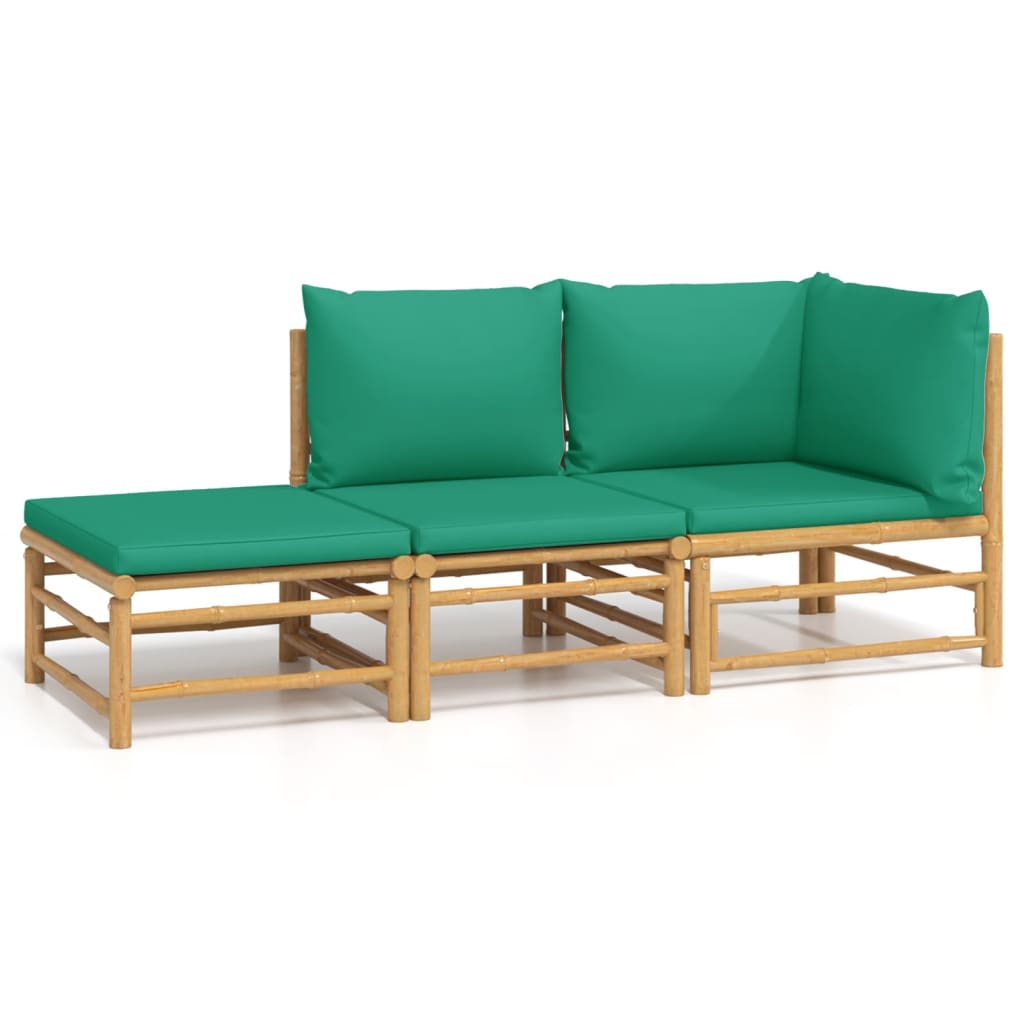 Garden Lounge Set Green Cushions, Natural Bamboo Bamboo Three-Piece