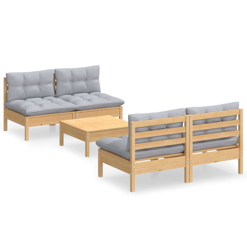 Garden Lounge Set Grey, Light Wood Solid pine wood, Polyester