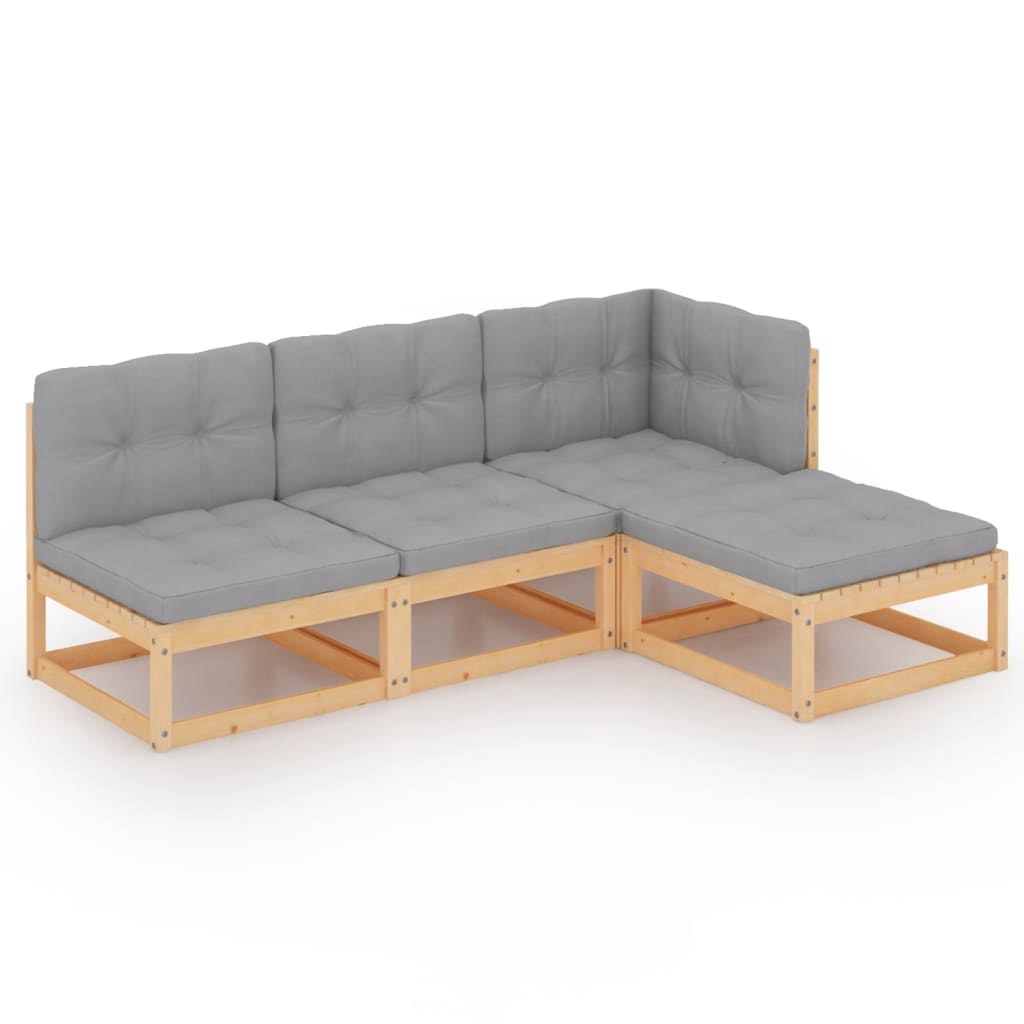 Garden Lounge Set Grey, Natural Wood Solid pinewood, 100% polyester