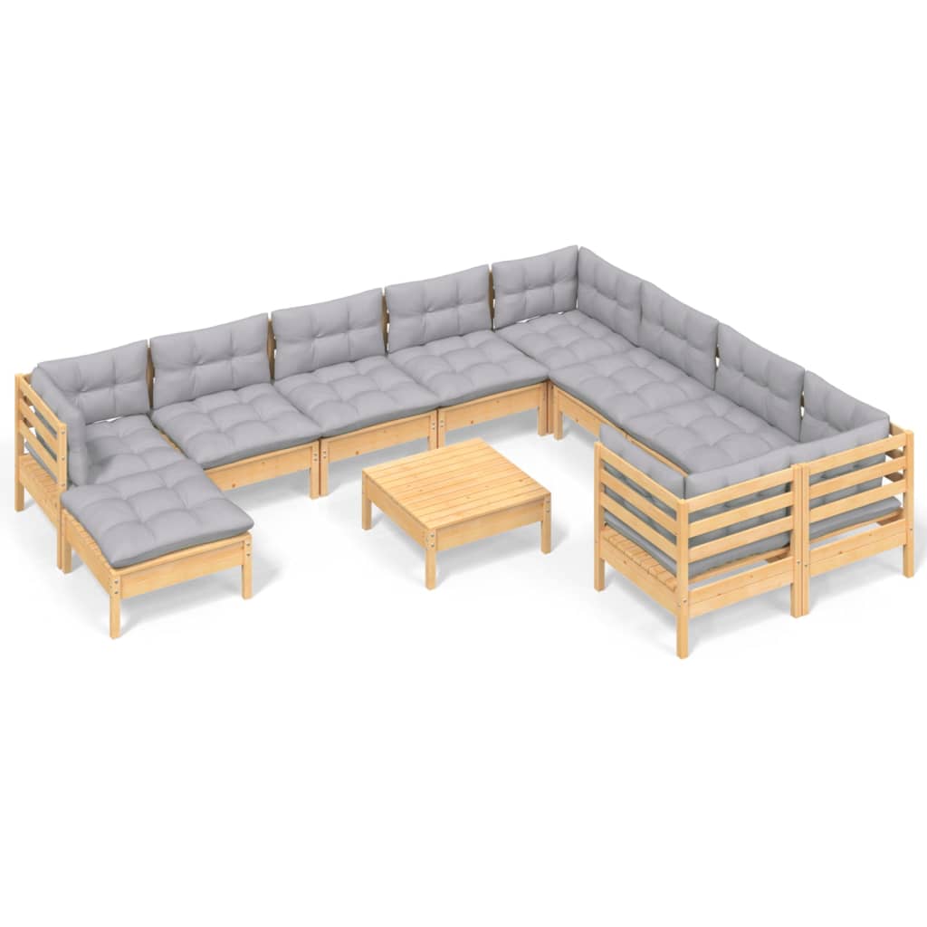 Garden Lounge Set Grey, Pine Solid pine wood, 100% polyester fabric