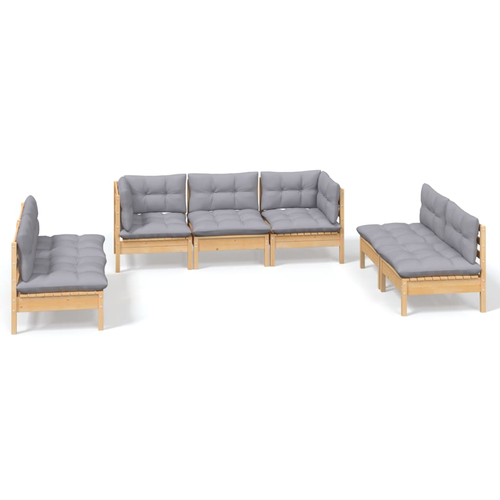 Garden Lounge Set Grey Solid pine wood, 100% polyester fabric Large