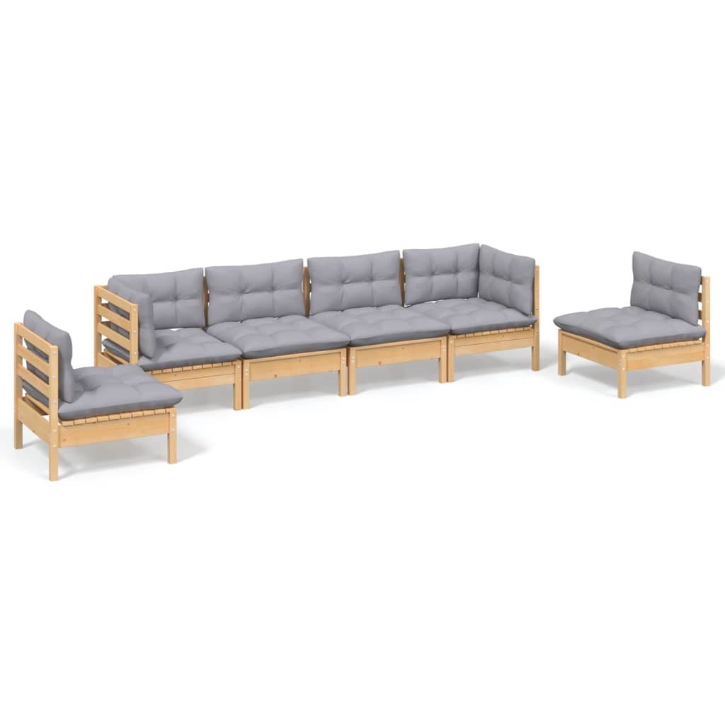 Garden Lounge Set Grey Solid pine wood, 100% polyester fabric Large