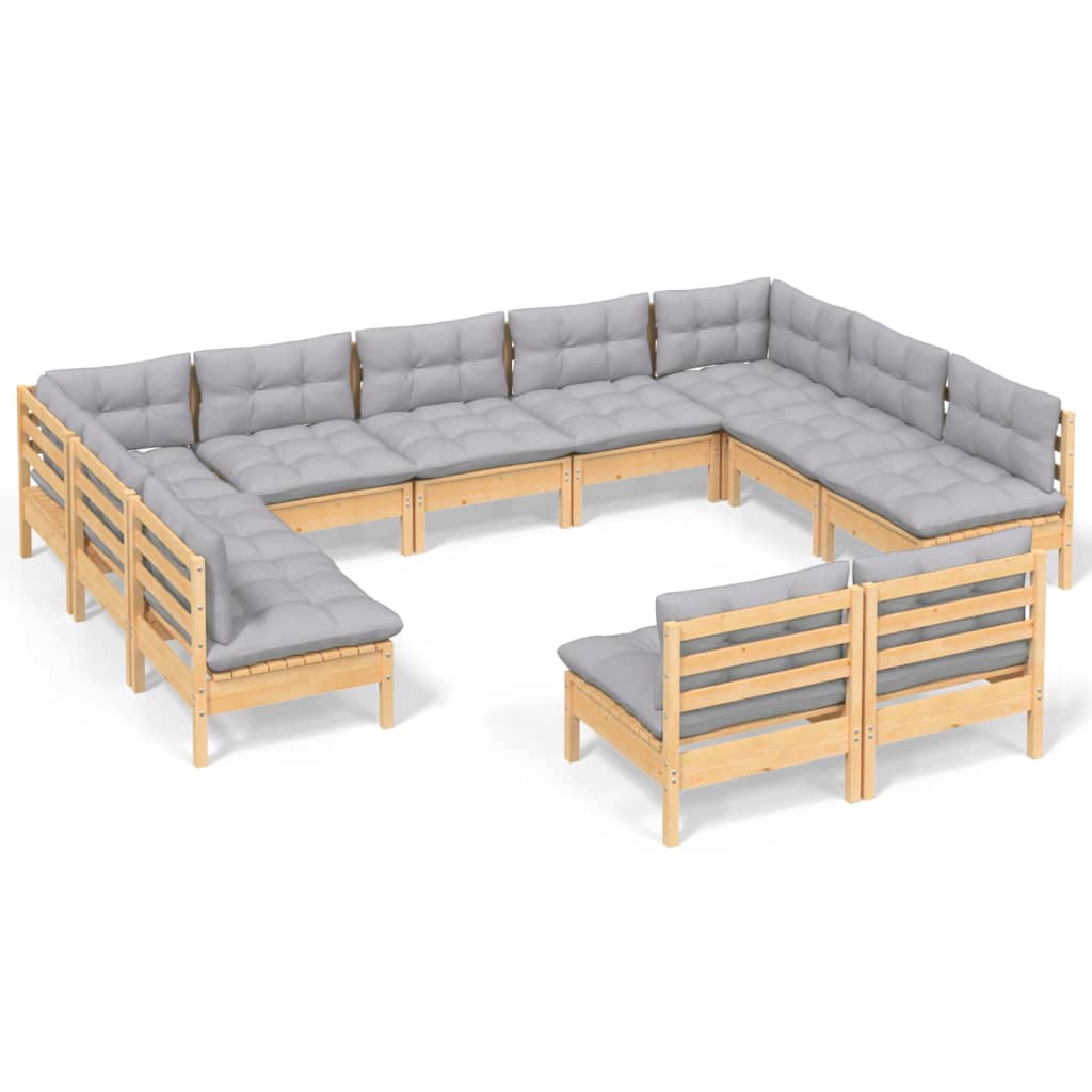 Garden Lounge Set Grey Solid pine wood, 100% polyester Large