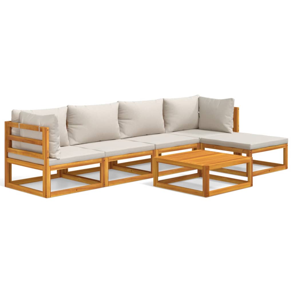 Garden Lounge Set Light Grey Cushions, Natural Wood Color