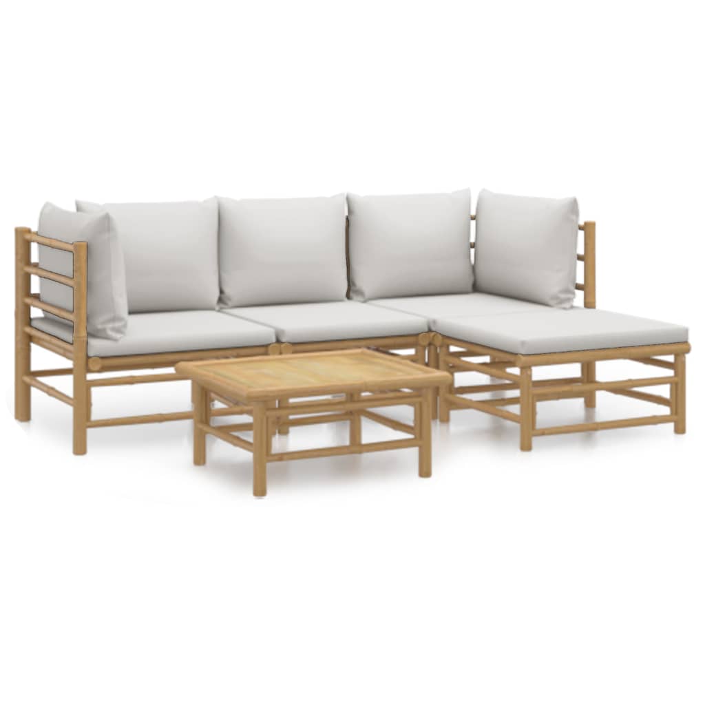 Garden Lounge Set Light Grey, Natural Bamboo Bamboo, Fabric Medium