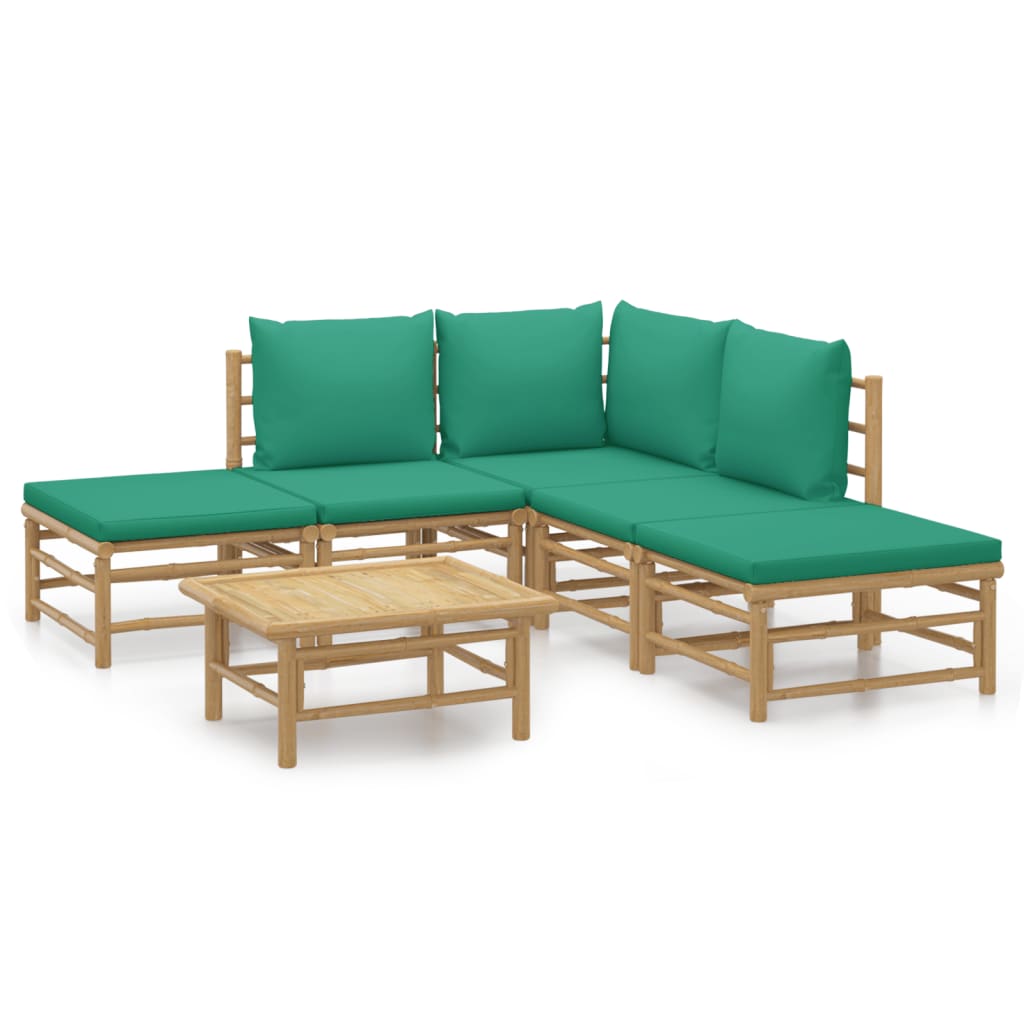 Garden Lounge Set Natural Bamboo, Green Cushions Bamboo, Polyester