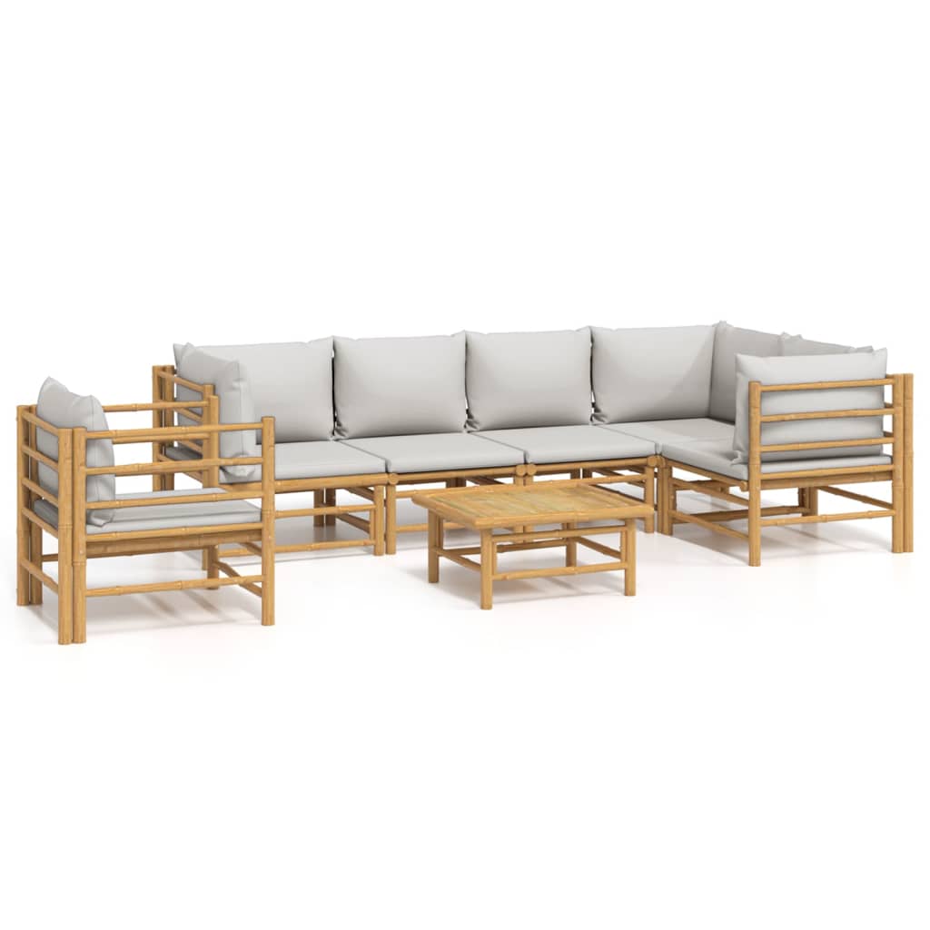 Garden Lounge Set Natural Bamboo, Light Grey Cushions