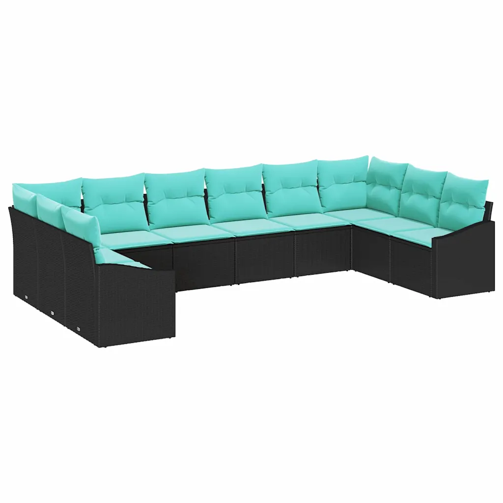 Garden Sofa Set 10 pcs Black and Turquoise Poly Rattan
