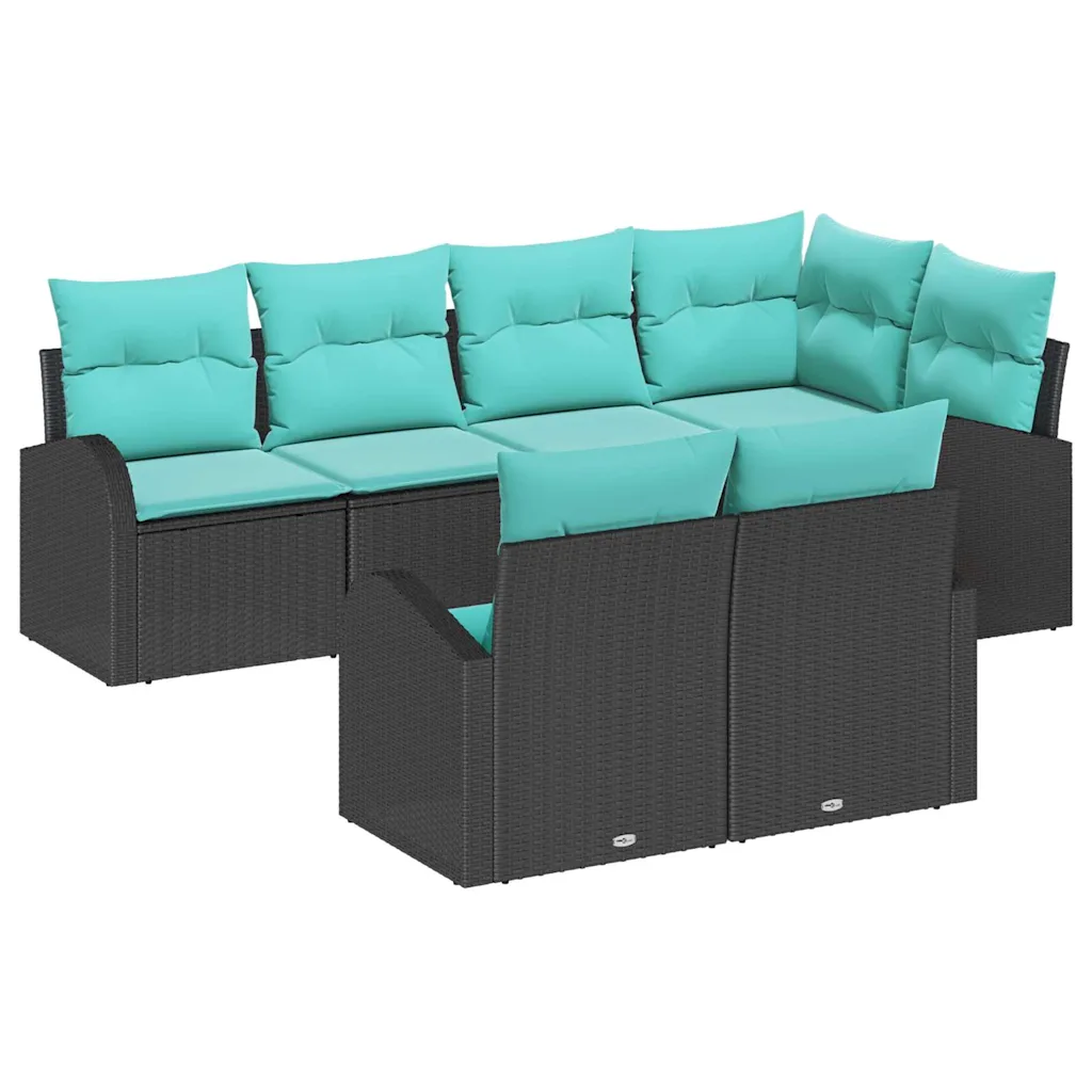 Garden Sofa Set 7 pcs Black and turquoise Poly Rattan