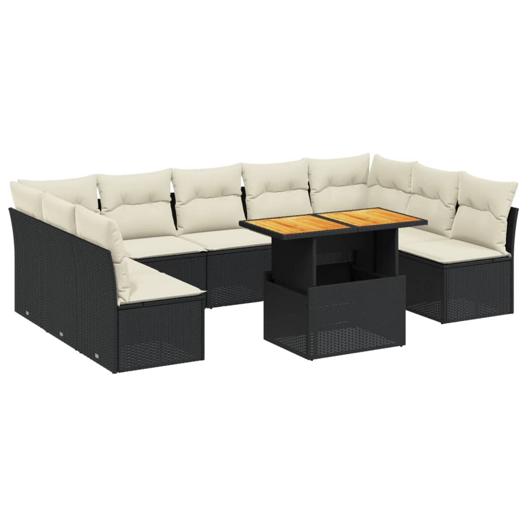Garden Sofa Set Black and Cream White PE Rattan 10-Piece Set