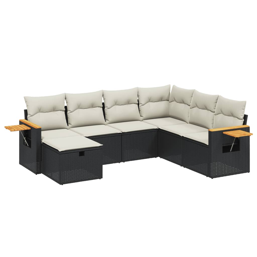 Garden Sofa Set Black and Cream White PE Rattan 7-Piece Modular