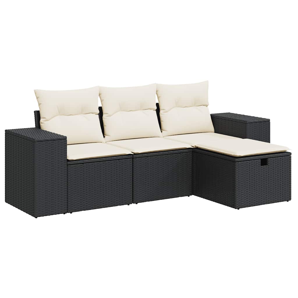 Garden Sofa Set Black and Cream White PE Rattan, Powder-Coated Steel