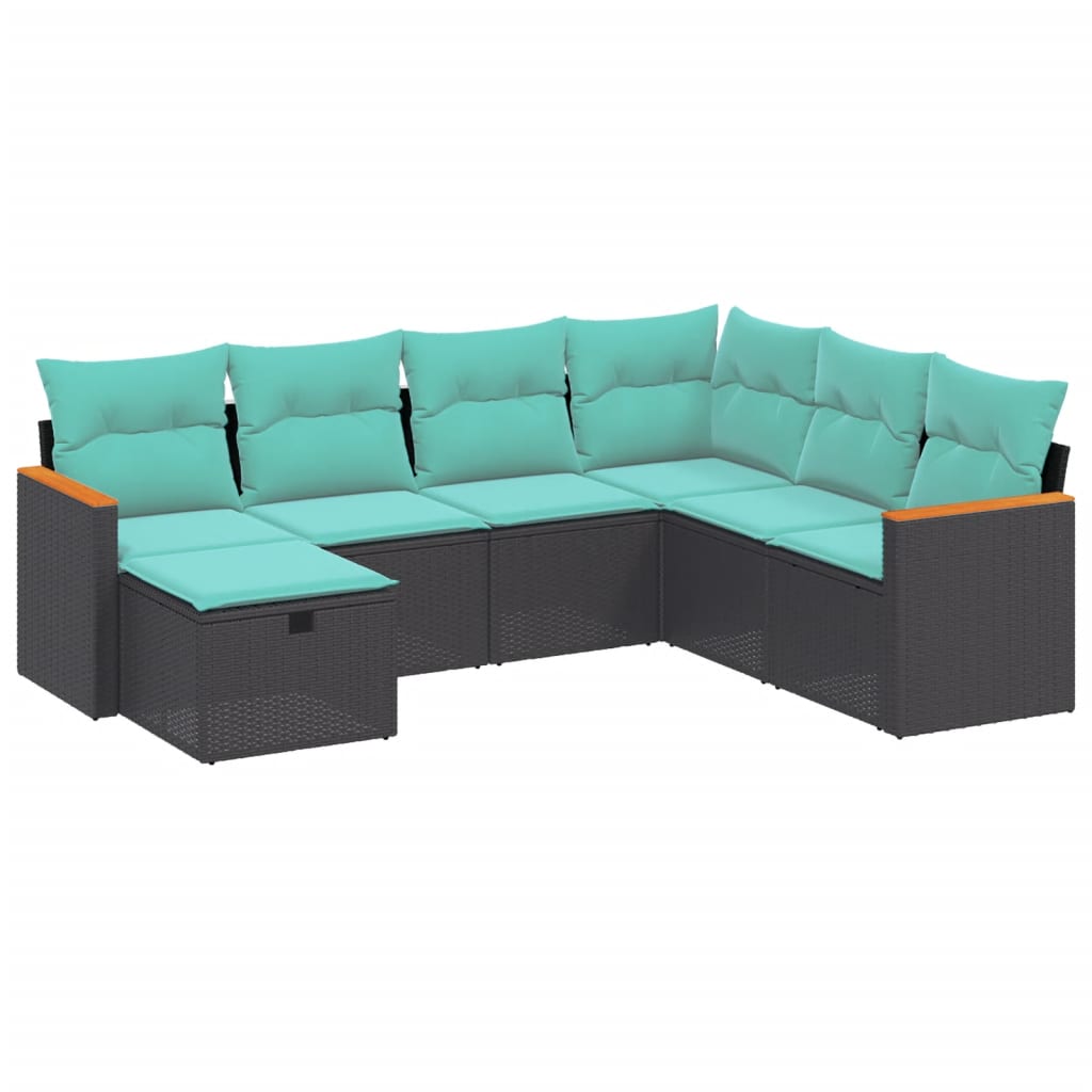 Garden Sofa Set Black, Blue PE rattan, Powder-coated steel, Polyester