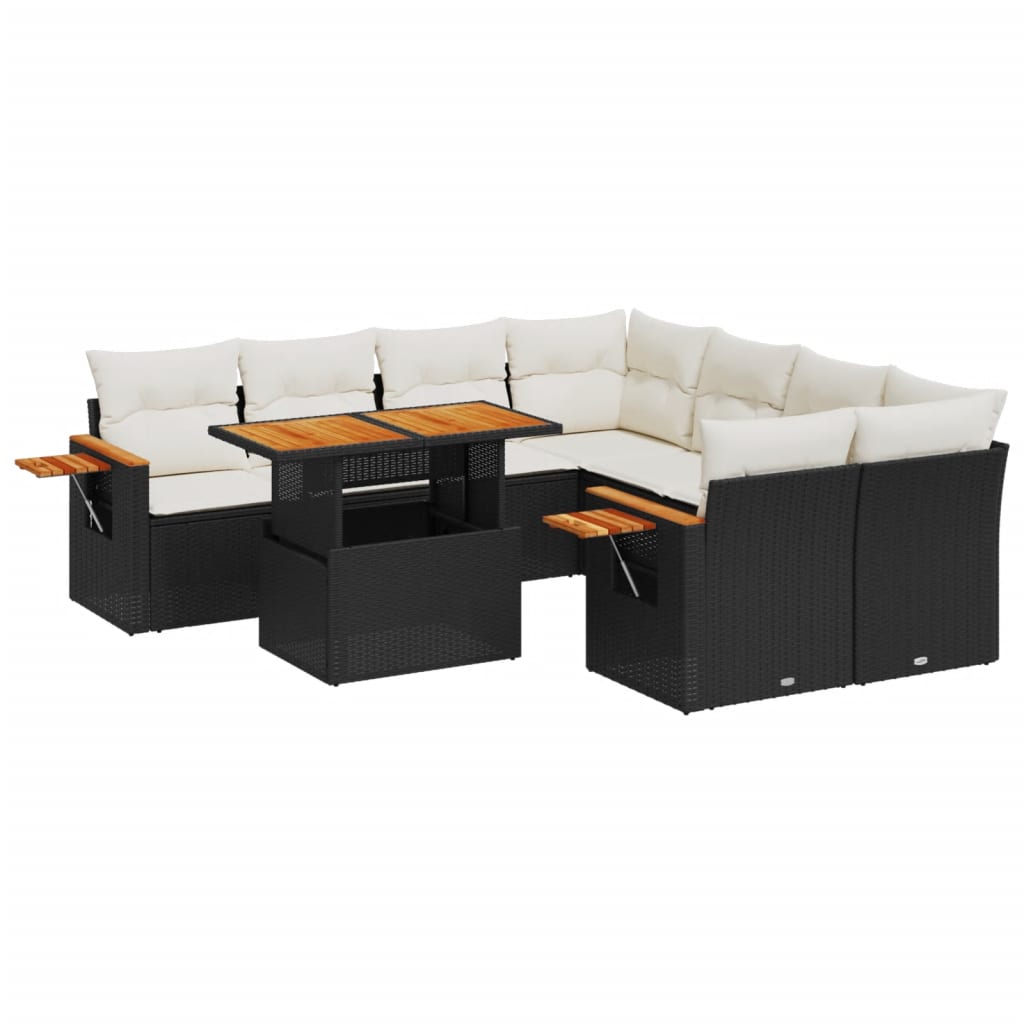 Garden Sofa Set Black PE Rattan 9 Piece Set Adjustable Feet
