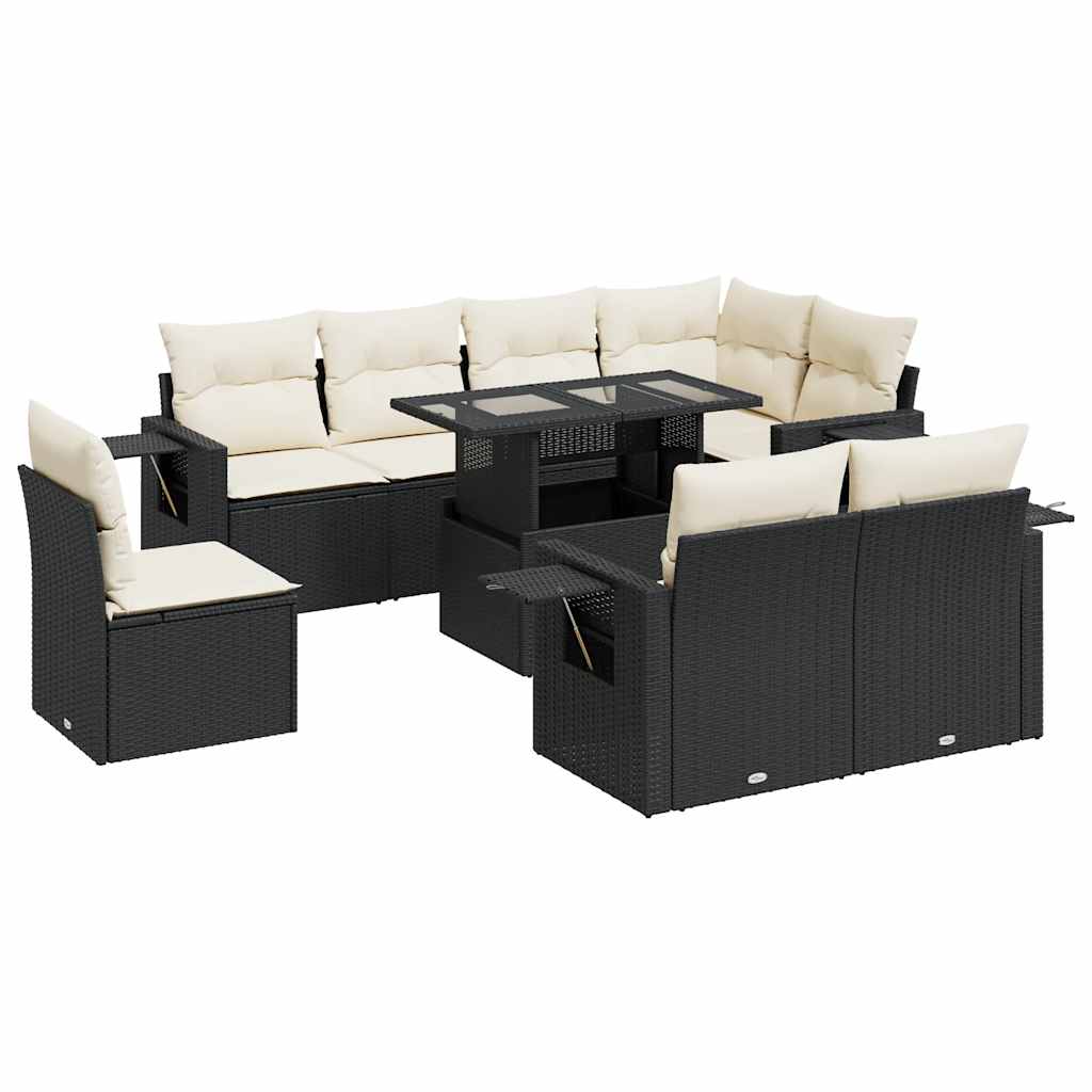 Garden Sofa Set Black PE Rattan 9 Piece Set Adjustable Feet