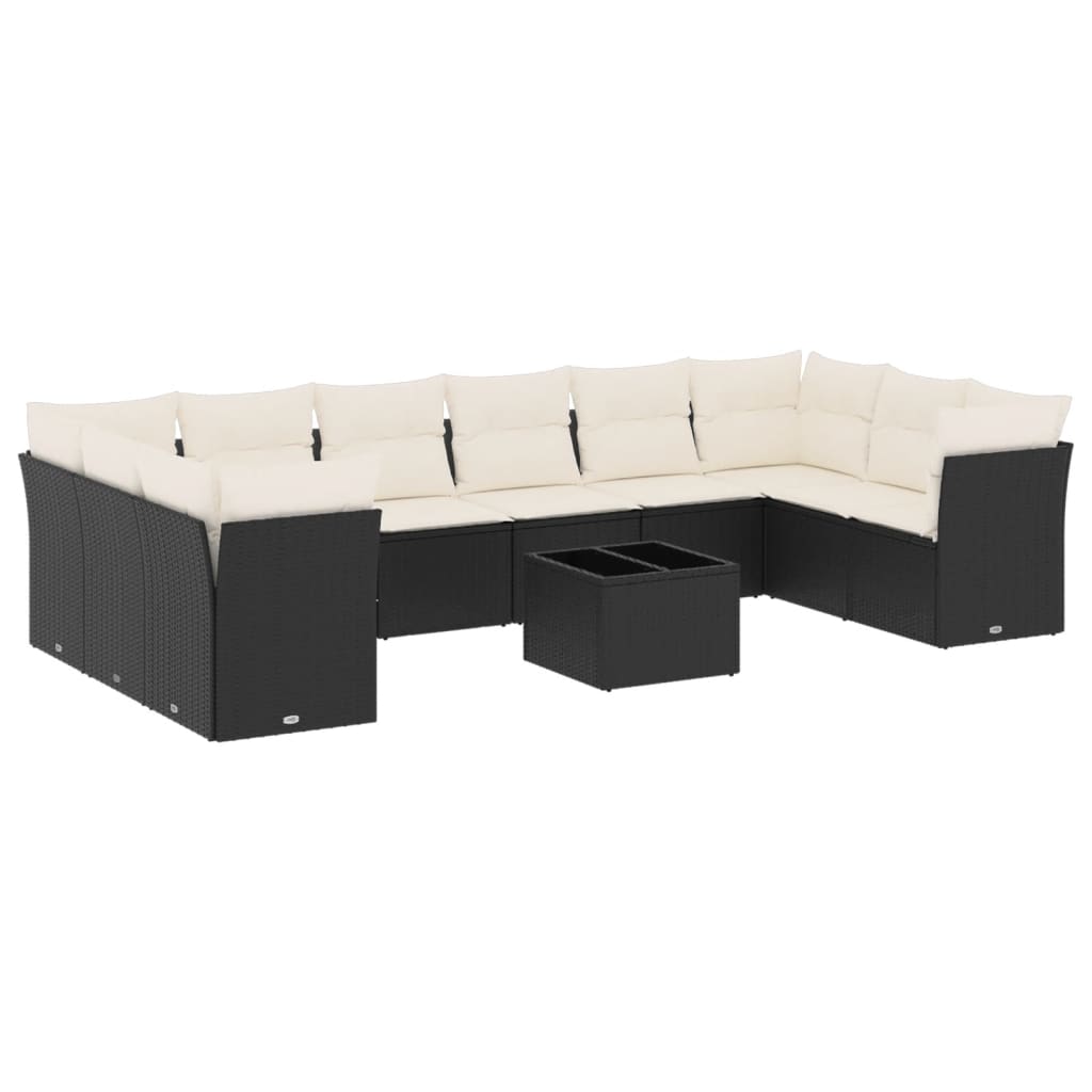 Garden Sofa Set Black PE Rattan, Glass, Polyester, Foam Large