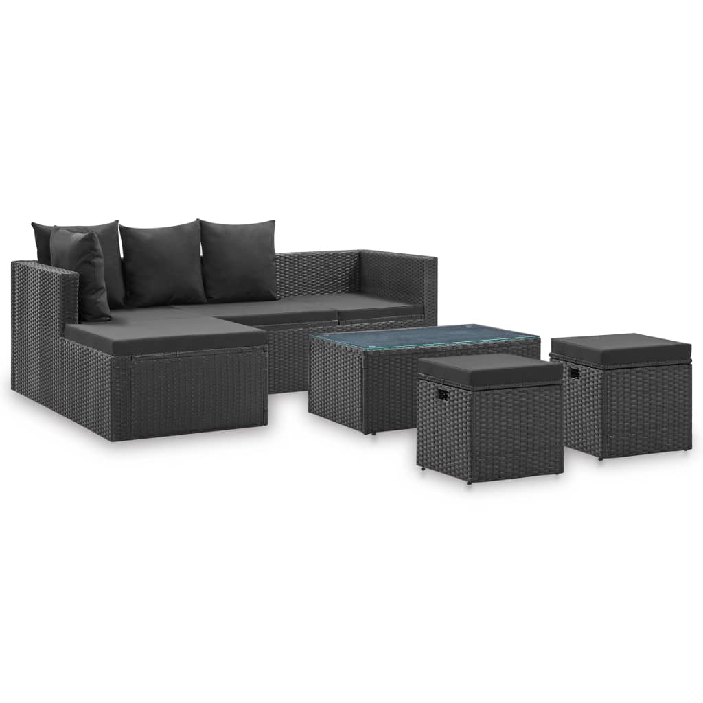 Garden Sofa Set Black PE Rattan, Powder-Coated Steel, Glass Large