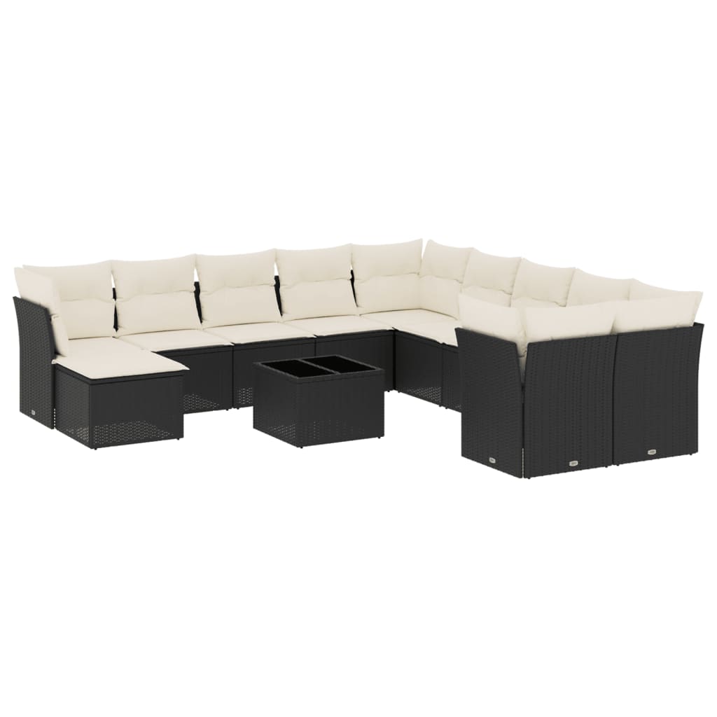 Garden Sofa Set Black PE Rattan, Powder-Coated Steel, Tempered Glass