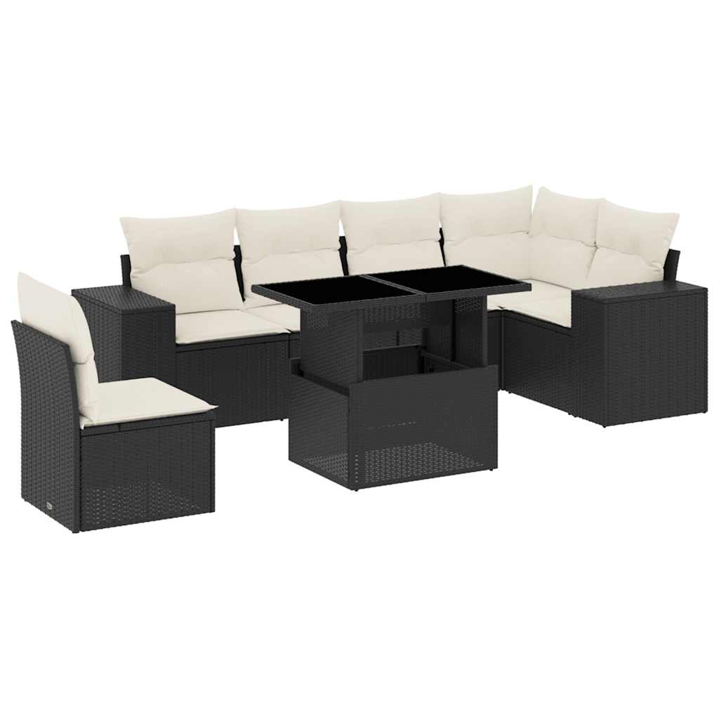 Garden Sofa Set Black PE rattan, powder-coated steel, tempered glass