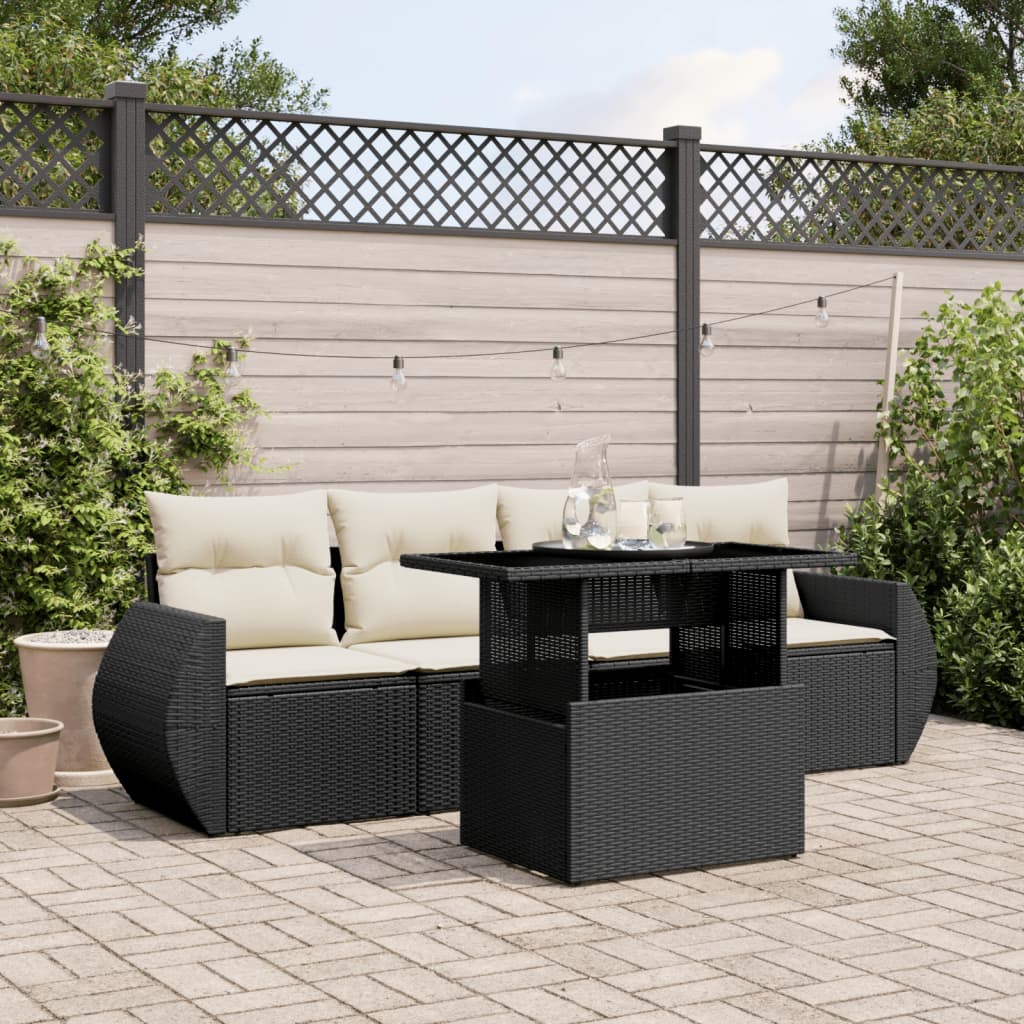 Garden Sofa Set Black PE rattan, powder-coated steel, tempered glass