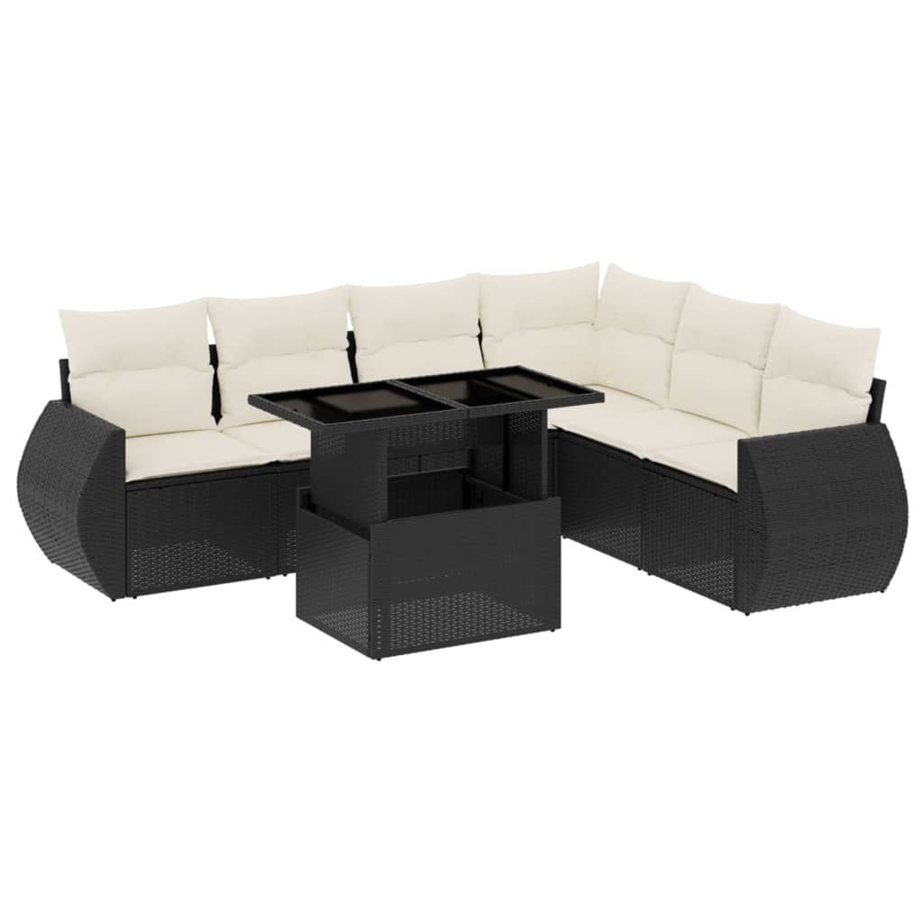 Garden Sofa Set Black PE rattan, powder-coated steel, tempered glass
